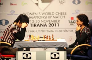 Hou Yifan drew with Humpy Koneru in game 4. Photo © Anastasiya Karlovich and Anna Burtasova with kind permission of FIDE. 