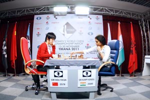 Hou Yifan vs Humpy Koneru Game 5. Photo © Anastasiya Karlovich and Anna Burtasova with kind permission of FIDE.