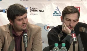 Svidler and Grischuk struggle to explain the result. No mention of the clock. Photo ©