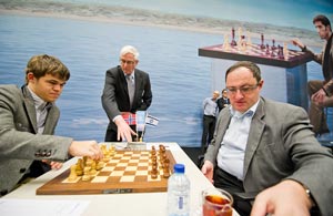 Magnus Carlsen defeated Boris Gelfand. Photo © Fred Lucas. 