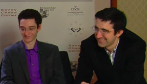 Caruana and Kramnik talk about their draw in round 3. Photo © 